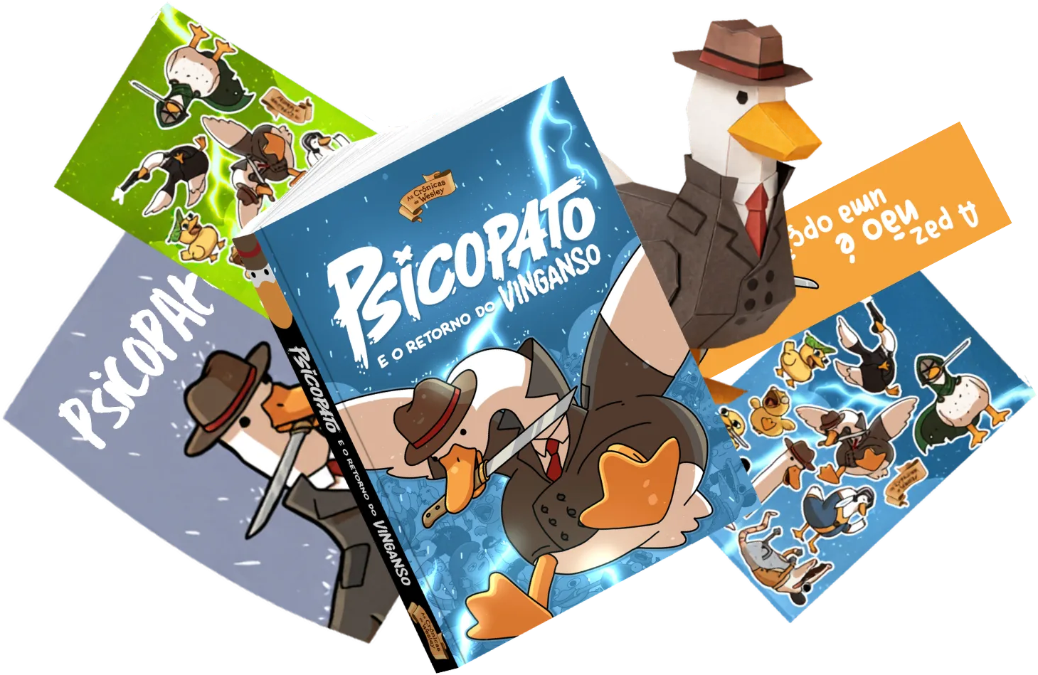 Livro Psicopato, papercraft, cartelas de adesivos e ímãs, pôster e marca-página